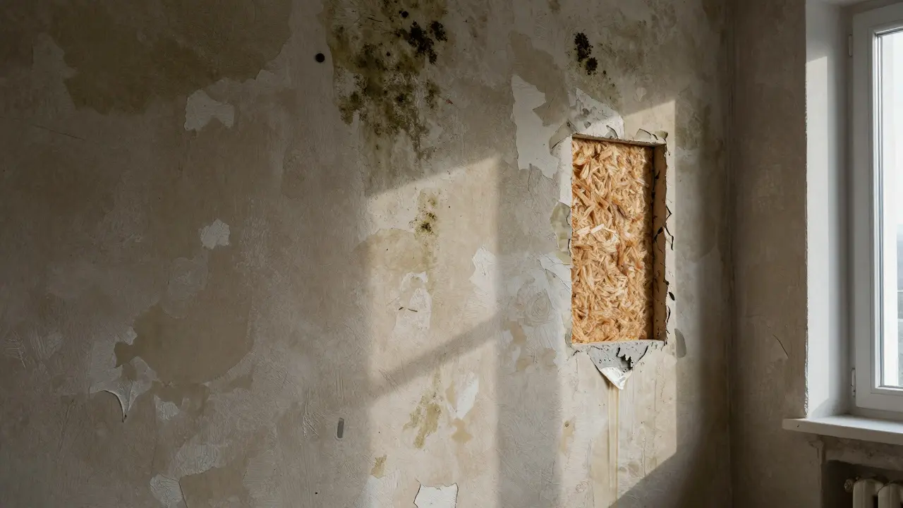 Feuchte, schimmelige Wand in einem alten österreichischen Wohnhaus im Vergleich zu richtig installierter diffusionsoffener Dämmung.