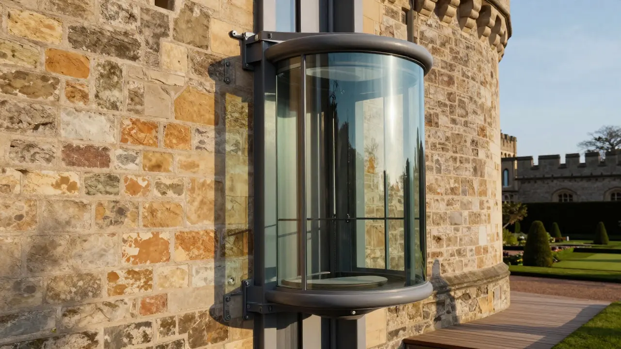 Glas-Aufzug an denkmalgeschützter Fassade montiert