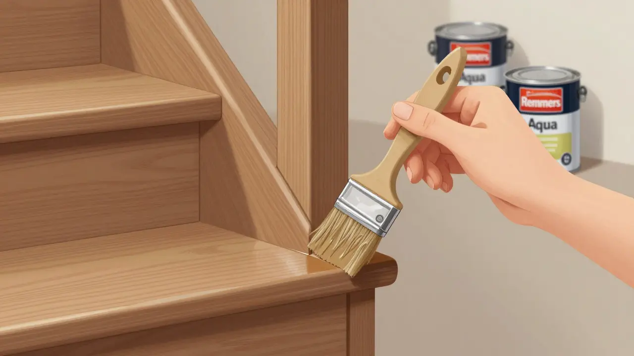 Hand bringt wasserbasierten Treppenlack mit Pinsel auf, Treppenlehre schützt die Kante, Holzmaserung ist sichtbar.