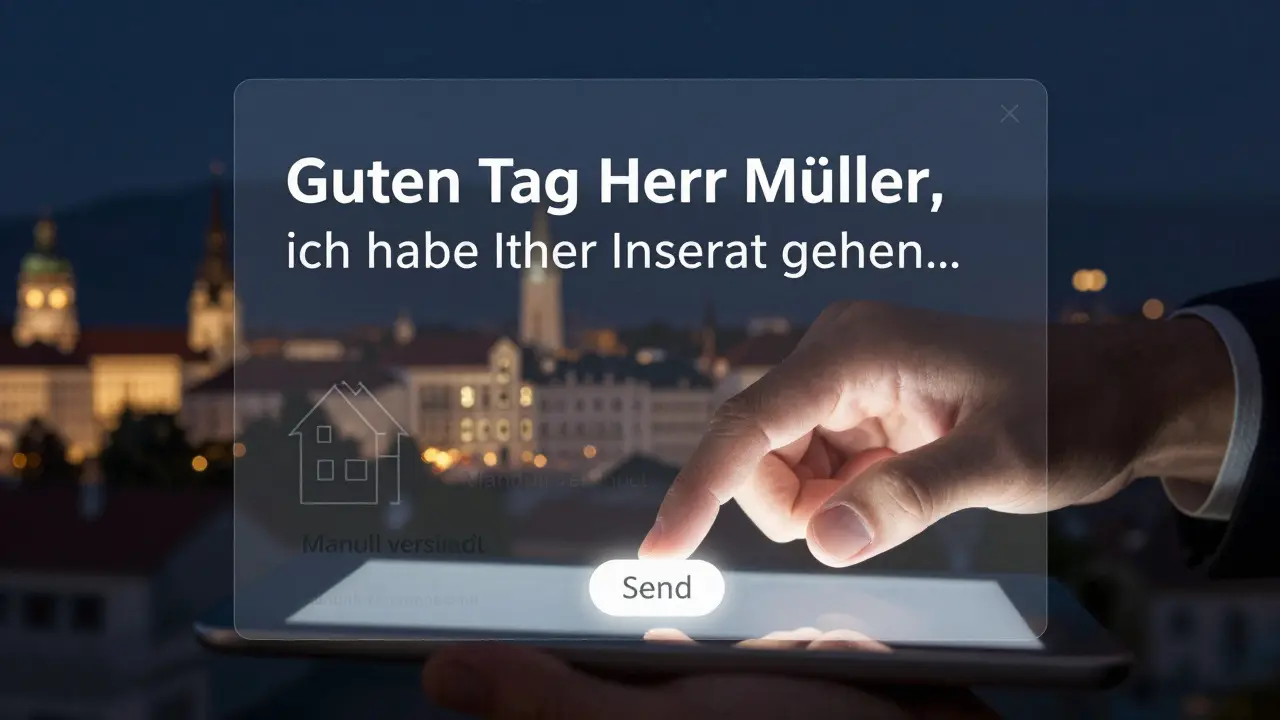 Hand mit Maus über 'Senden'-Knopf, darüber eine personalisierte E-Mail-Vorlage und Silhouetten österreichischer Städte als Hintergrund.
