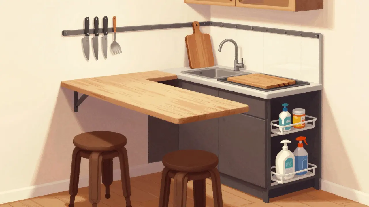 Klappbarer Esstisch in der Wand integriert, mit stapelbaren Hockern und magnetischen Halterungen für Küchenutensilien an der Wand.