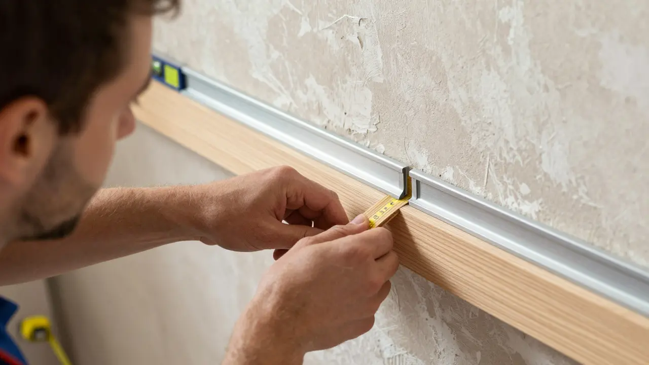Klippsystem zur Montage einer Holzsockelleiste mit Wasserwaage zur exakten Ausrichtung an einer historischen Wand.