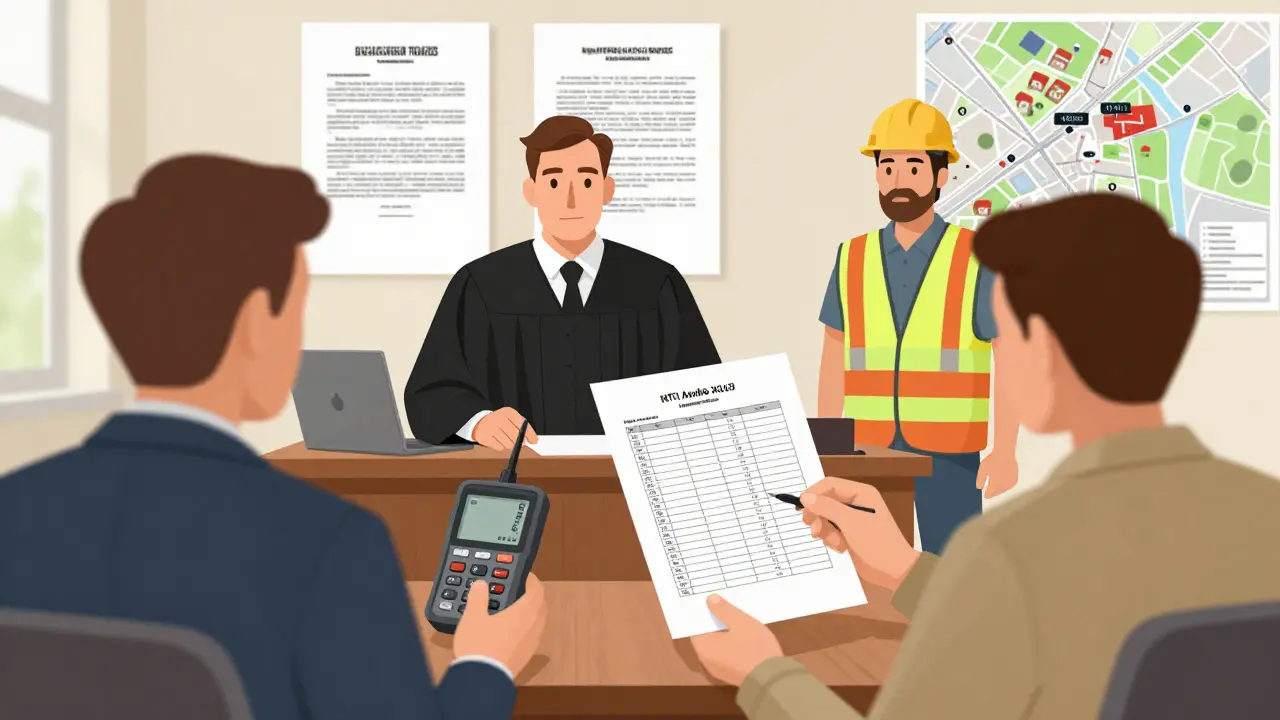 Mieter präsentiert Lärmprotokoll und Messgerät vor Gericht.