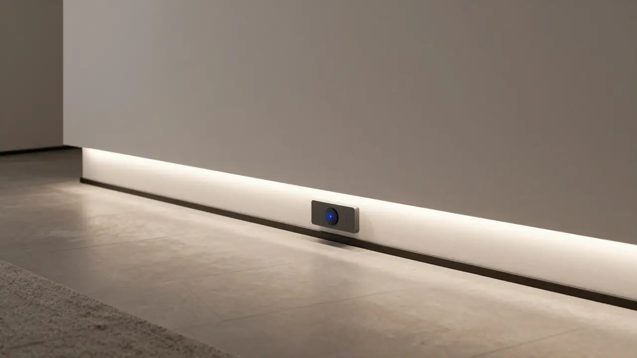 Moderne Keramiksockelleiste mit integrierter LED-Beleuchtung an einem Steinboden in einem minimalistischen Wohnraum.