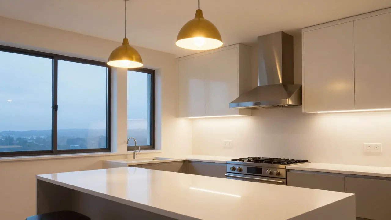 Moderne Küche mit Mischung aus Tages- und Kunstlicht