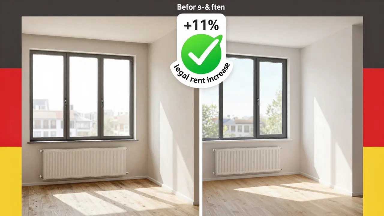 Modernisierte Wohnung mit neuen Fenstern und Heizung, legaler Mietanstieg markiert.