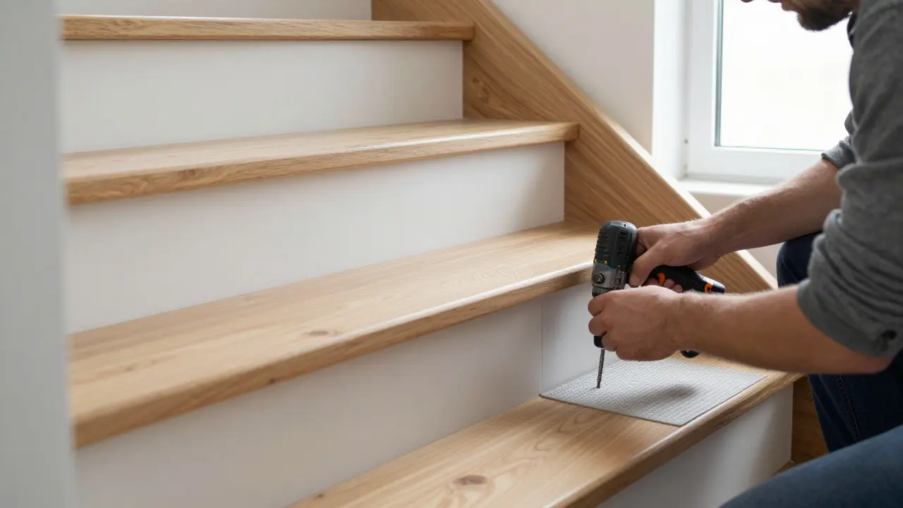 Neu installierte Vinyl-Treppenstufen mit Dämpfungsunterlage und Kantenprofilen.