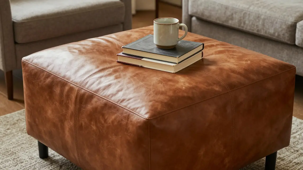 Polsterhocker als Beistelltisch genutzt mit Dekor darauf