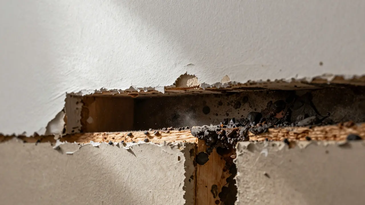 Querschnitt einer Wand zeigt versteckte Feuchtigkeitsschäden im Inneren.