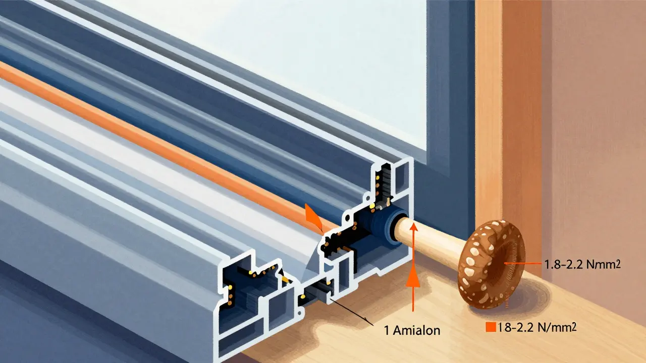 Querschnitt eines Fensters mit drei Justagemethoden: diagonal, parallel und Pilzkopf-Druckregulierung.