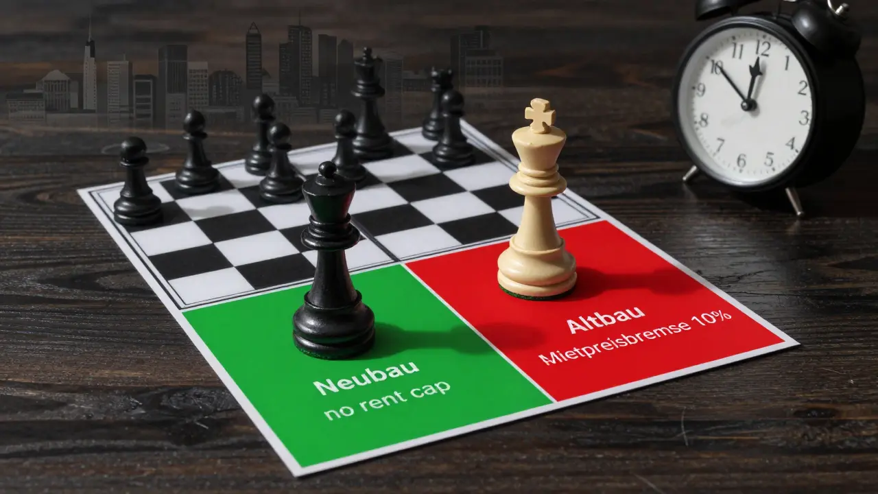 Schachbrett zeigt strategische Unterschiede zwischen Neubau und Altbau bei Mietpreisbremse.
