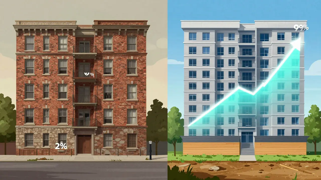 Side-by-side comparison of old and new apartment buildings with different depreciation rates.