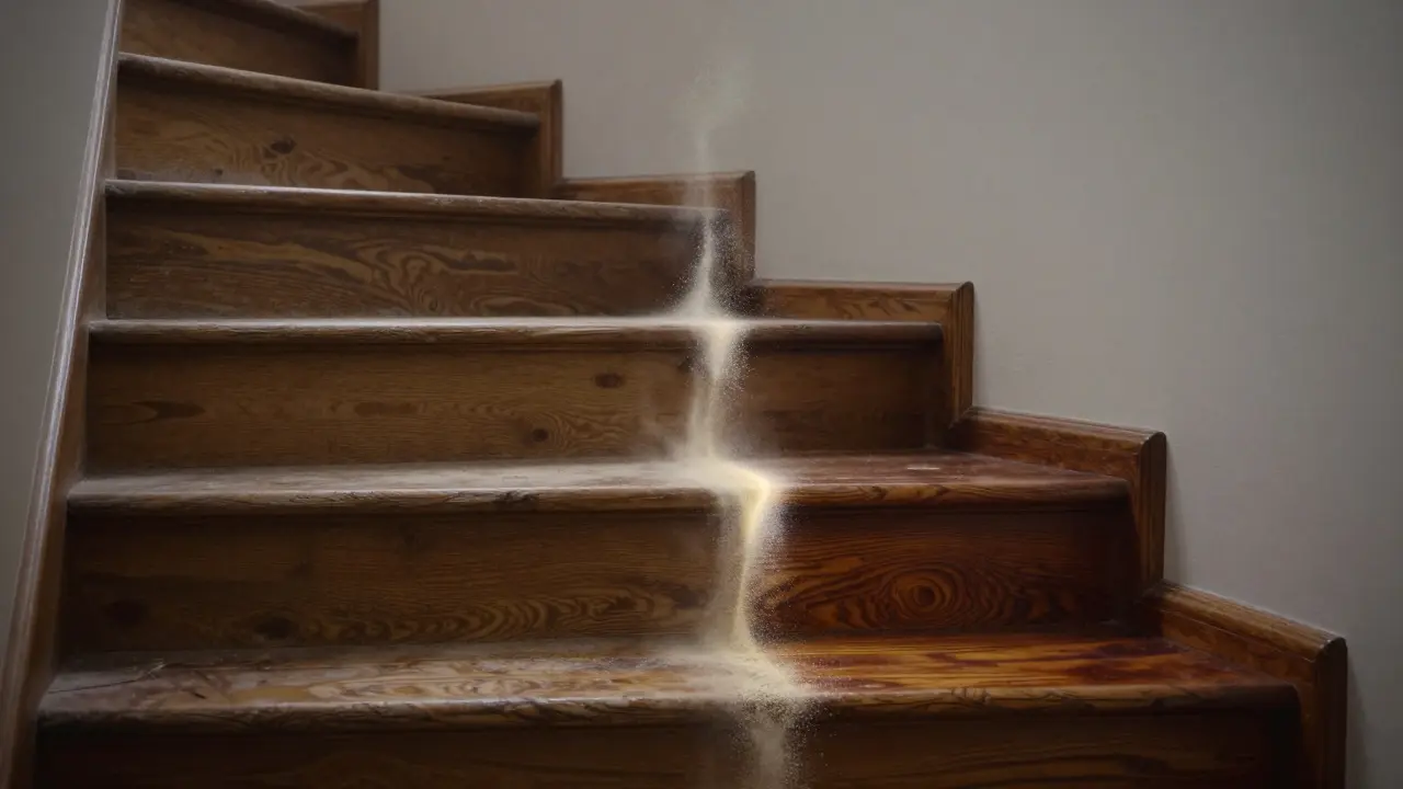 Vergleich: alte, abgenutzte Holztreppe links, neu renoviert und glänzend rechts, Symbolik des Wandels.