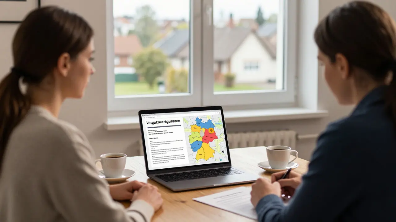 Verhandlungsgespräch im Wohnzimmer mit Gutachten, Finanzangebot und Karte der deutschen Steuersätze.