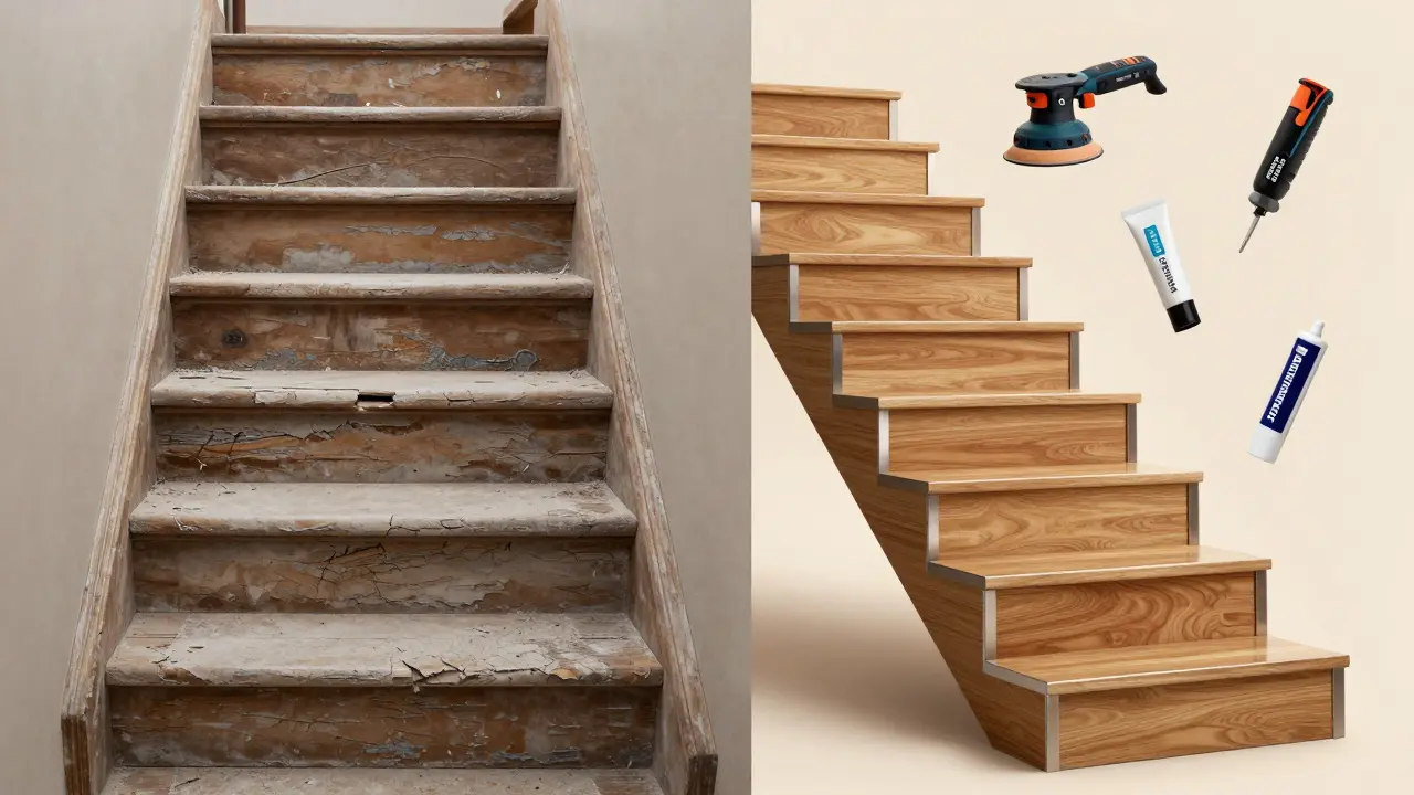 Vorher-Nachher-Vergleich einer sanierierten Treppe mit alten und neuen Stufen.