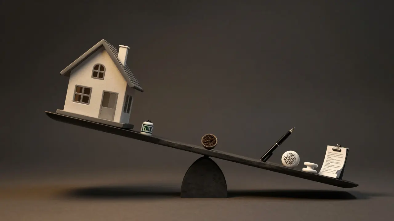 Waage mit Haus und 20 versteckten Kostenobjekten, dramatische Beleuchtung, surrealistischer Stil.