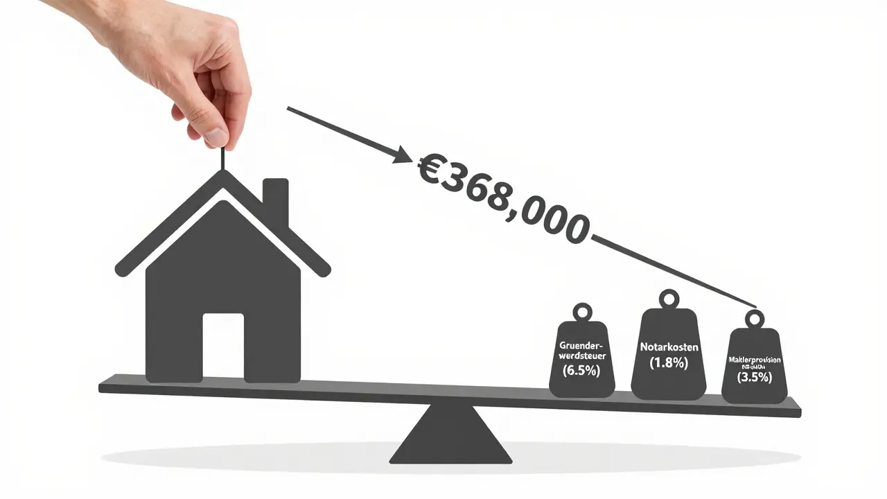 Waage mit Haus und Nebenkostenkomponenten, Preisreduzierung senkt alle Kosten proportional.