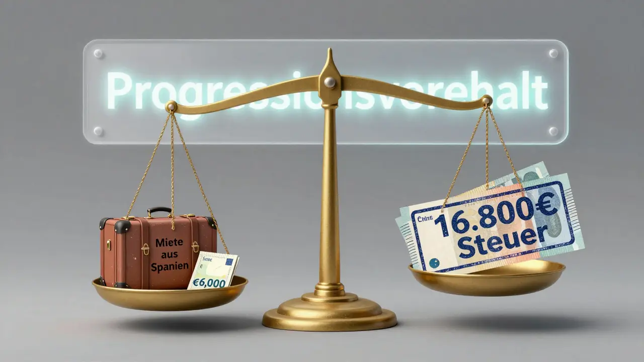 Waage mit Mieteinkünften aus Spanien und deutschen Steuerforderungen, Progressionsvorbehalt im Hintergrund.