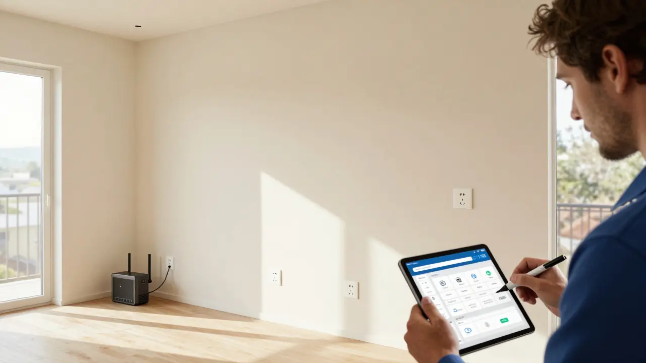 Wohnzimmer mit fünf Steckdosen, Netzwerkanschluss und Smart-Hub, während Techniker Kabel beschriftet.