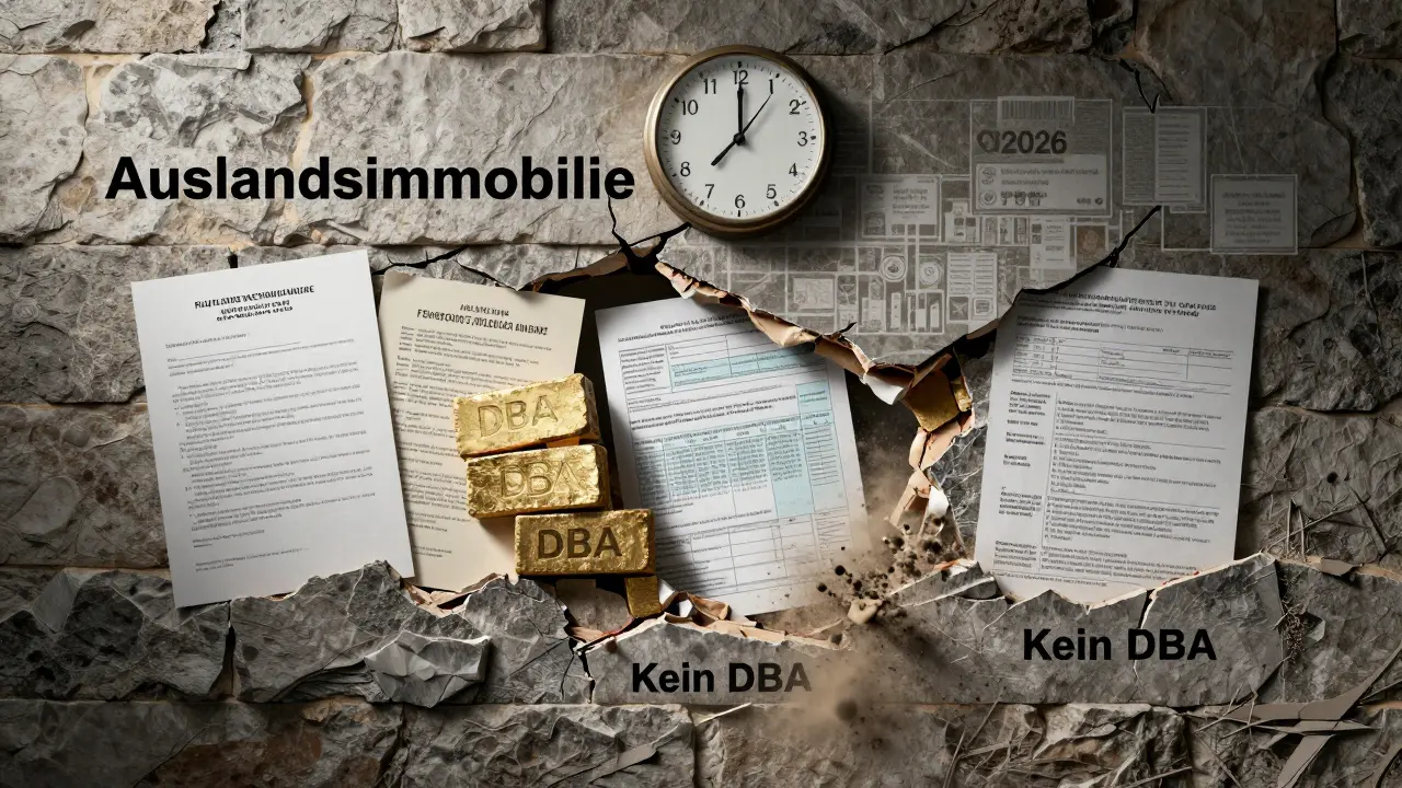Zerbrechende Mauer einer Auslandsimmobilie mit versteckten Steuerdokumenten und DBA-Verstärkungen.
