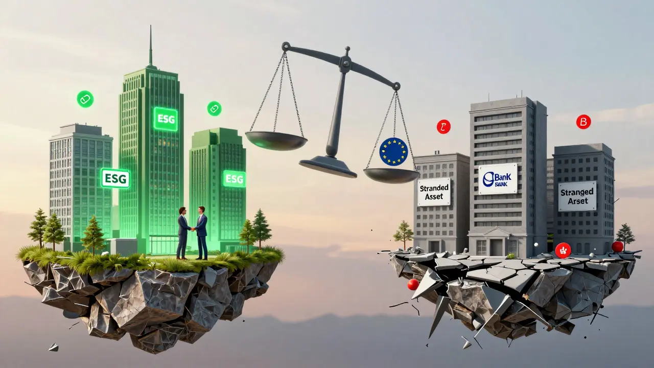 Zwei Welten: Nachhaltige Immobilien mit Investoren vs. verfallende Gebäude als 'Stranded Assets' unter EU-Taxonomie-Skala.