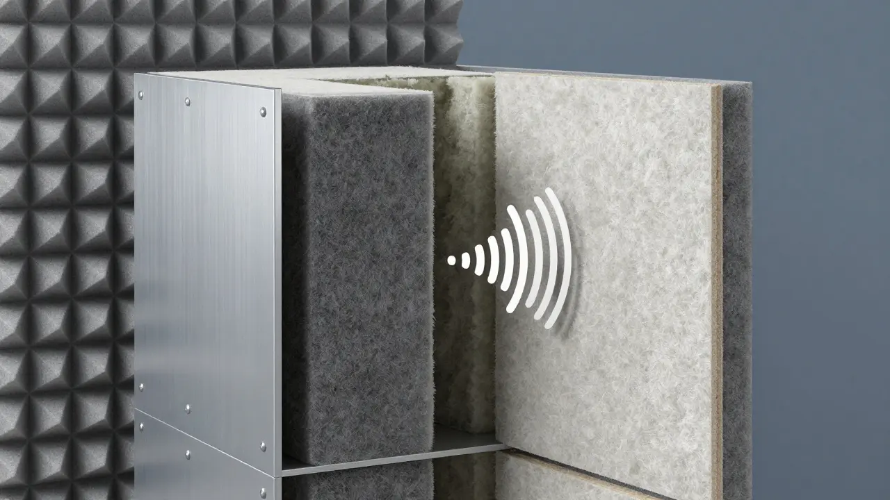 3D-Querschnitt einer schallisolierten Wand mit Dämmmaterial und Doppelbeplankung.