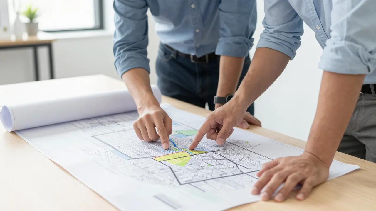 Architekt und Kunde besprechen Grundrisse und Bebauungspläne an einem Arbeitstisch.