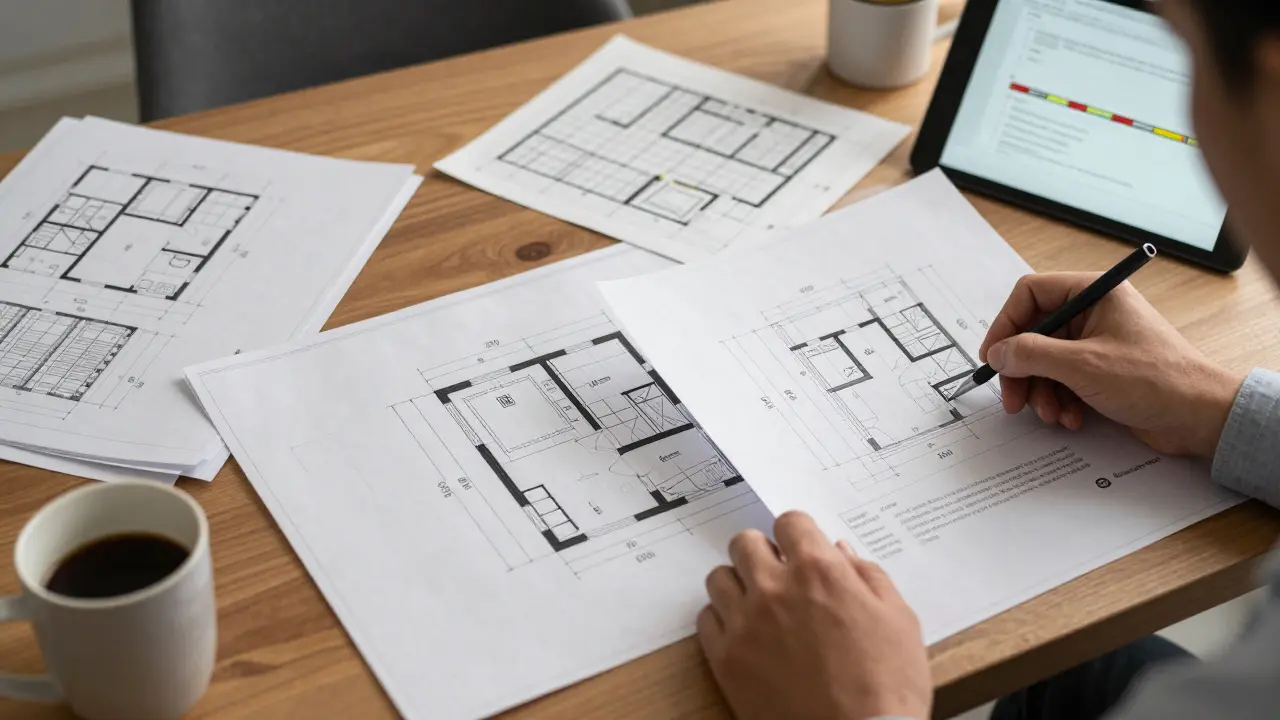 Architektenpläne mit Maßangaben für barrierefreie Türverbreiterung auf Schreibtisch