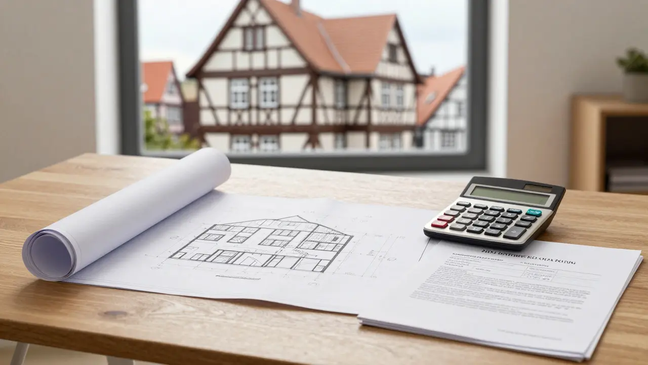 Architektonische Pläne und Dokumente zur steuerlichen Planung einer Haussanierung.