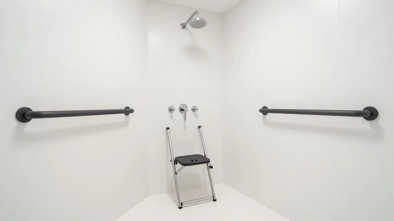 Barrierefreie Dusche mit Klappsitz und kontrastreichen Haltegriffen für Rollstuhlfahrer.