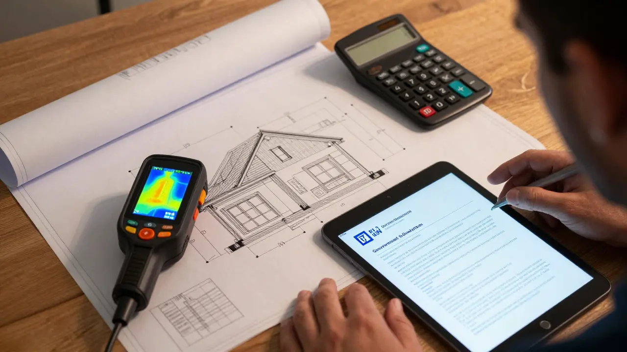 Bauplan eines Hauses mit Wärmebildkamera und Unterlagen zur energetischen Sanierung auf einem Tisch.