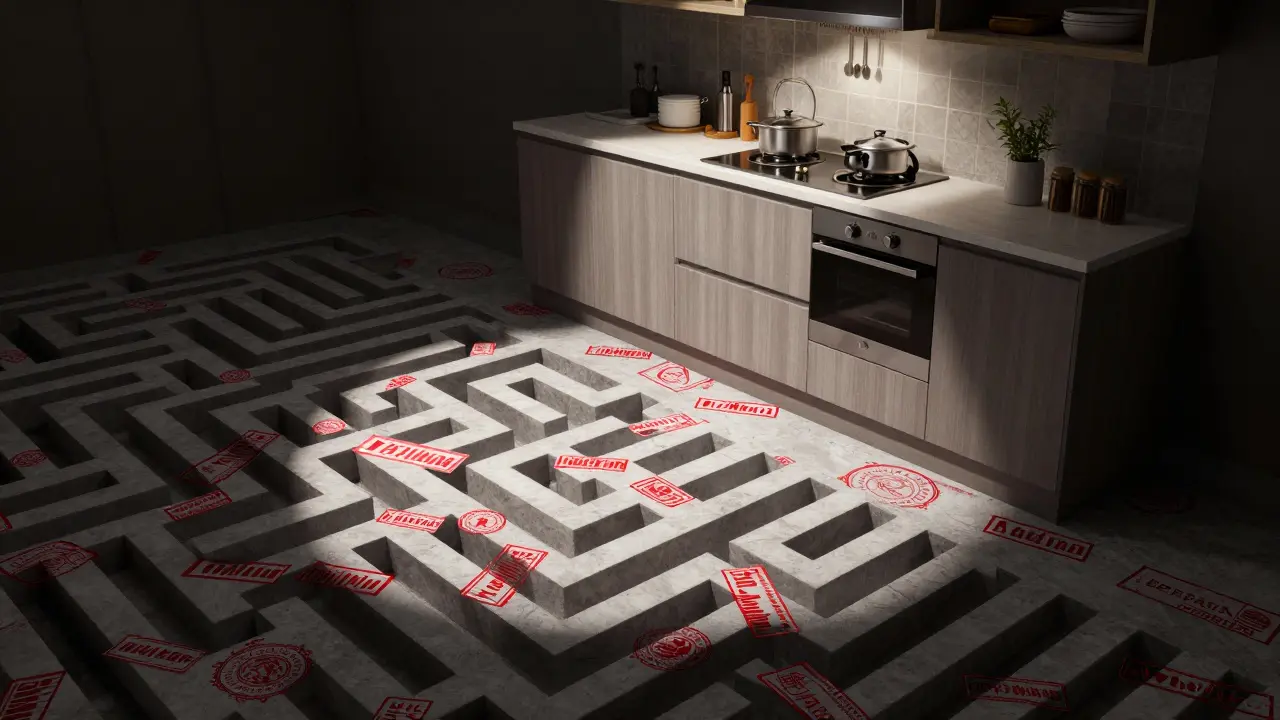 Designer-Küche über einem Labyrinth aus roten Behördenstempeln als Symbol für Steuerrisiken.