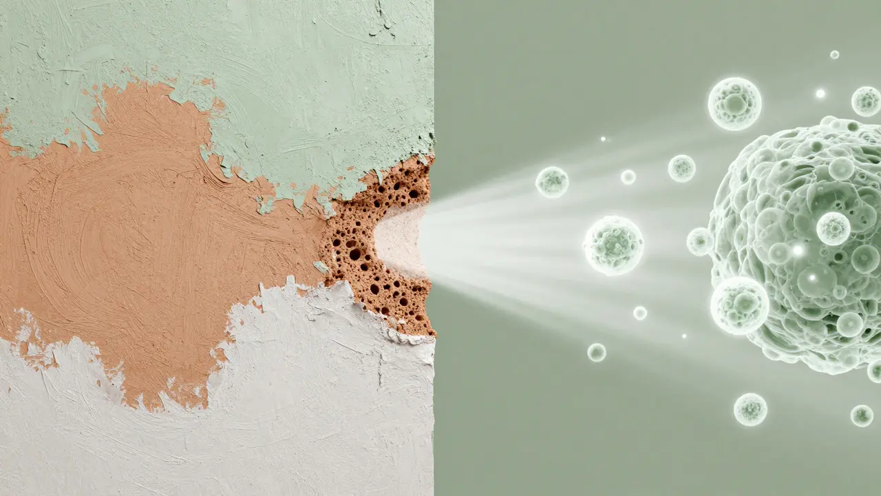 Detailansicht von atmungsaktivem Lehmputz und Kalkfarbe an einer Wand zur Feuchtigkeitsregulierung.