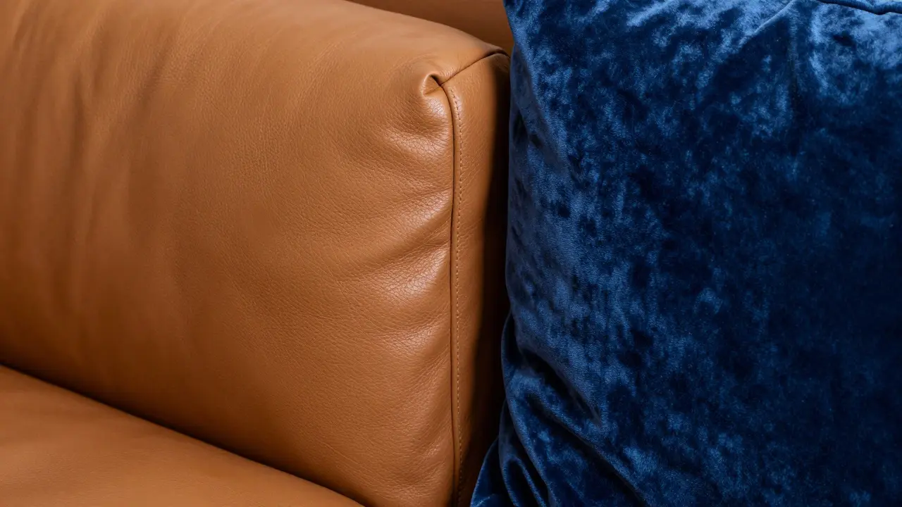 Detailaufnahme von luxuriösem cognacfarbenem Leder und blauem Samtstoff.