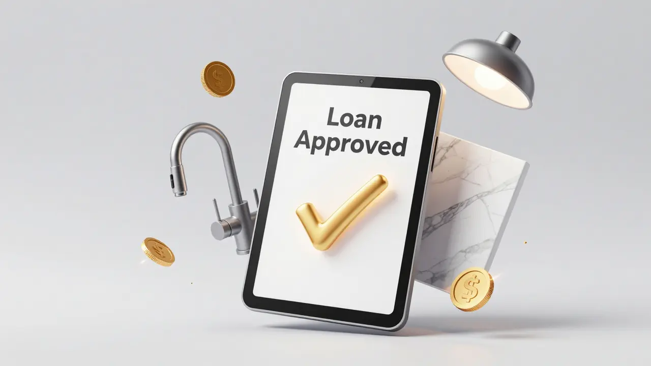 Digitales Tablet mit Kreditbestätigung und schwebenden Küchenelementen