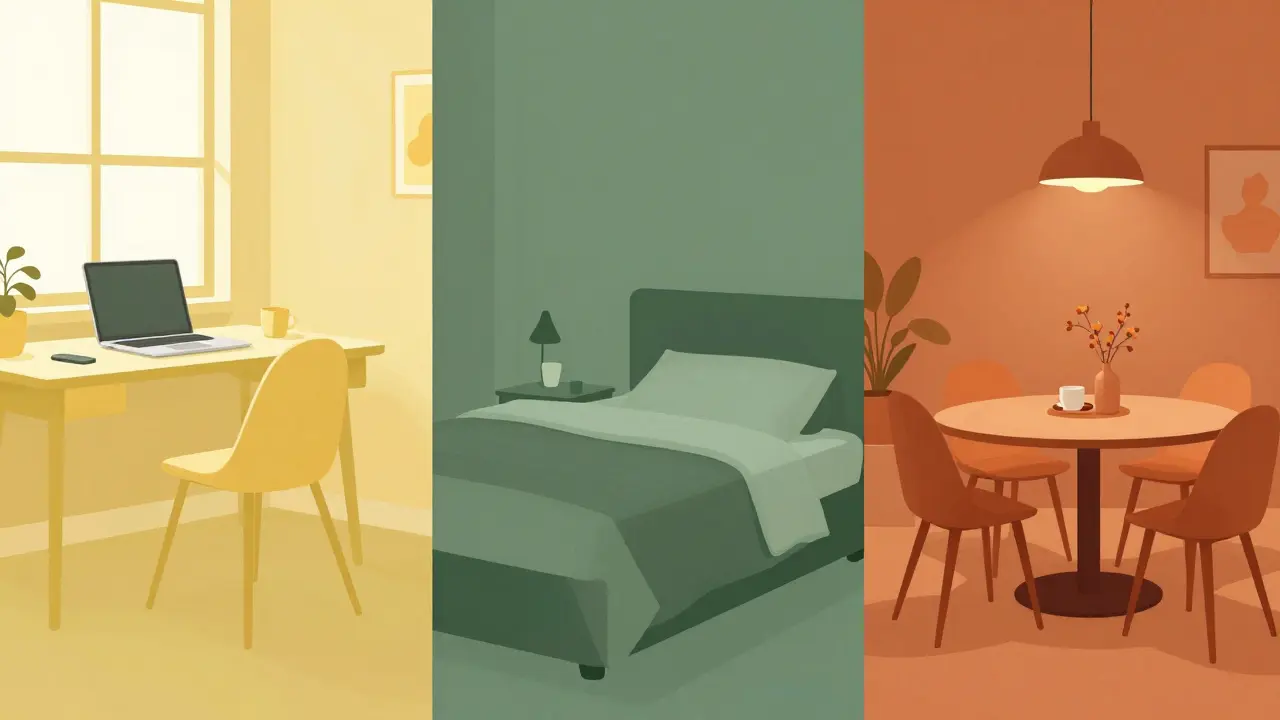 Drei verschiedene Räume in Gelb, Grün und Orange zur Illustration der Farbpsychologie.