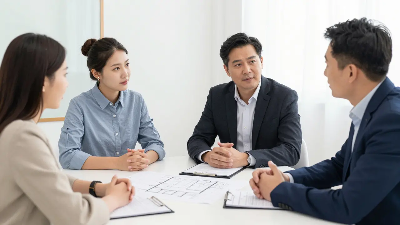 Ein Hausbesitzer und ein Vertreter der Handwerkskammer bei einem Schlichtungsgespräch.