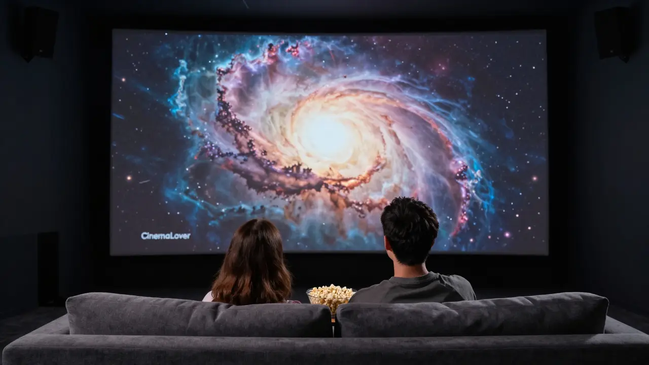 Ein Paar genießt einen Filmabend mit einem gigantischen Projektionsbild in einem dunklen Heimkino.