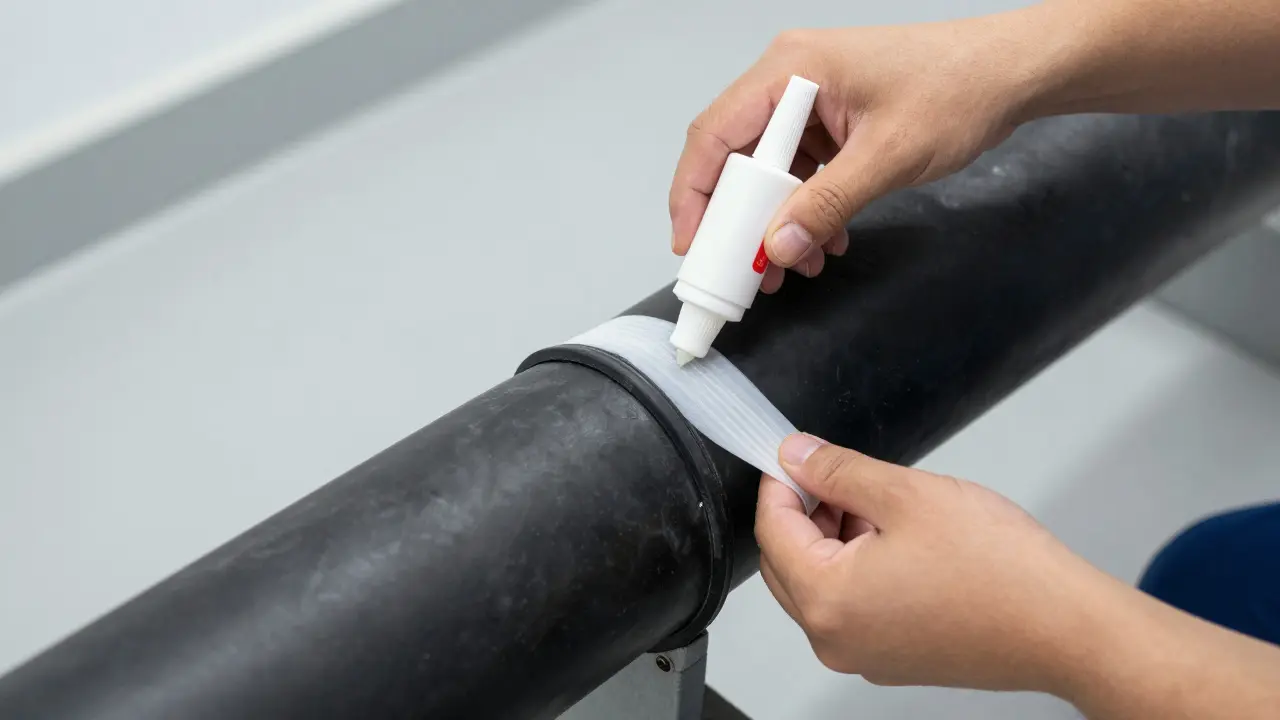 Fachgerechtes Verkleben einer Dämmstoffnaht an einer Wasserleitung.