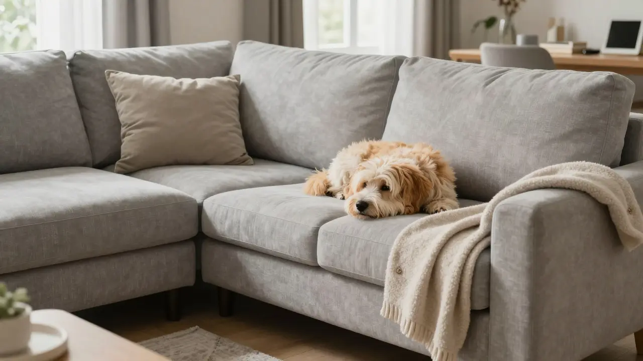 Gemütliches graues Mikrofaser-Ecksofa in einem familienfreundlichen Wohnzimmer.