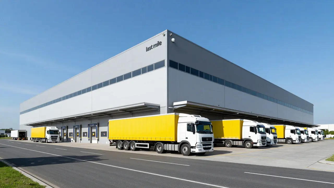 Großes Logistikzentrum mit LKW an Laderampen und effizienter Verkehrsanbindung.