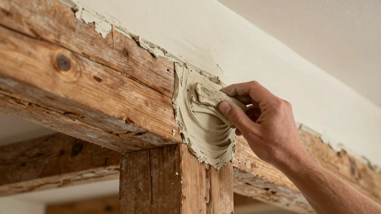 Handwerker trägt traditionellen Kalk-Lehmputz auf historische Holzbalken auf.