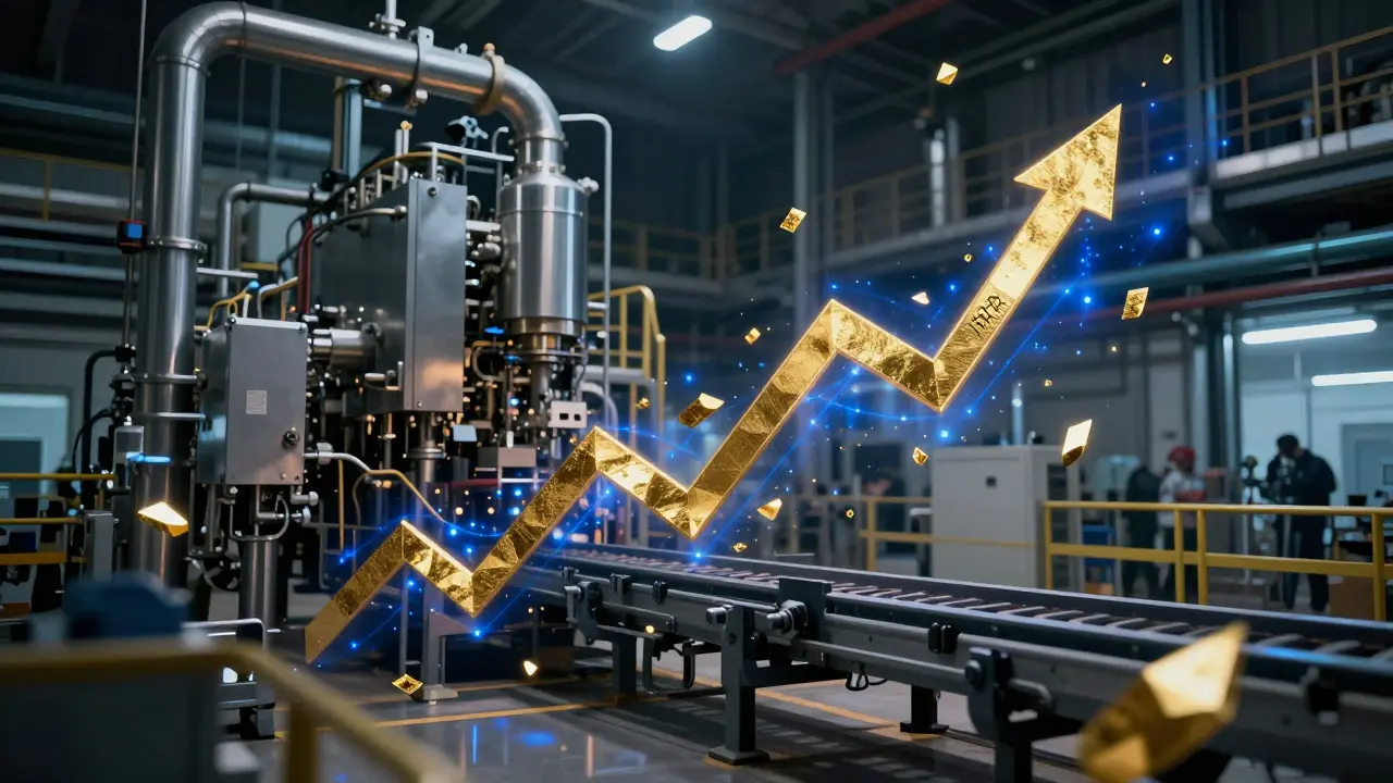 Industrielle Produktionshalle mit moderner Technik und symbolischen goldenen Elementen für Rendite.