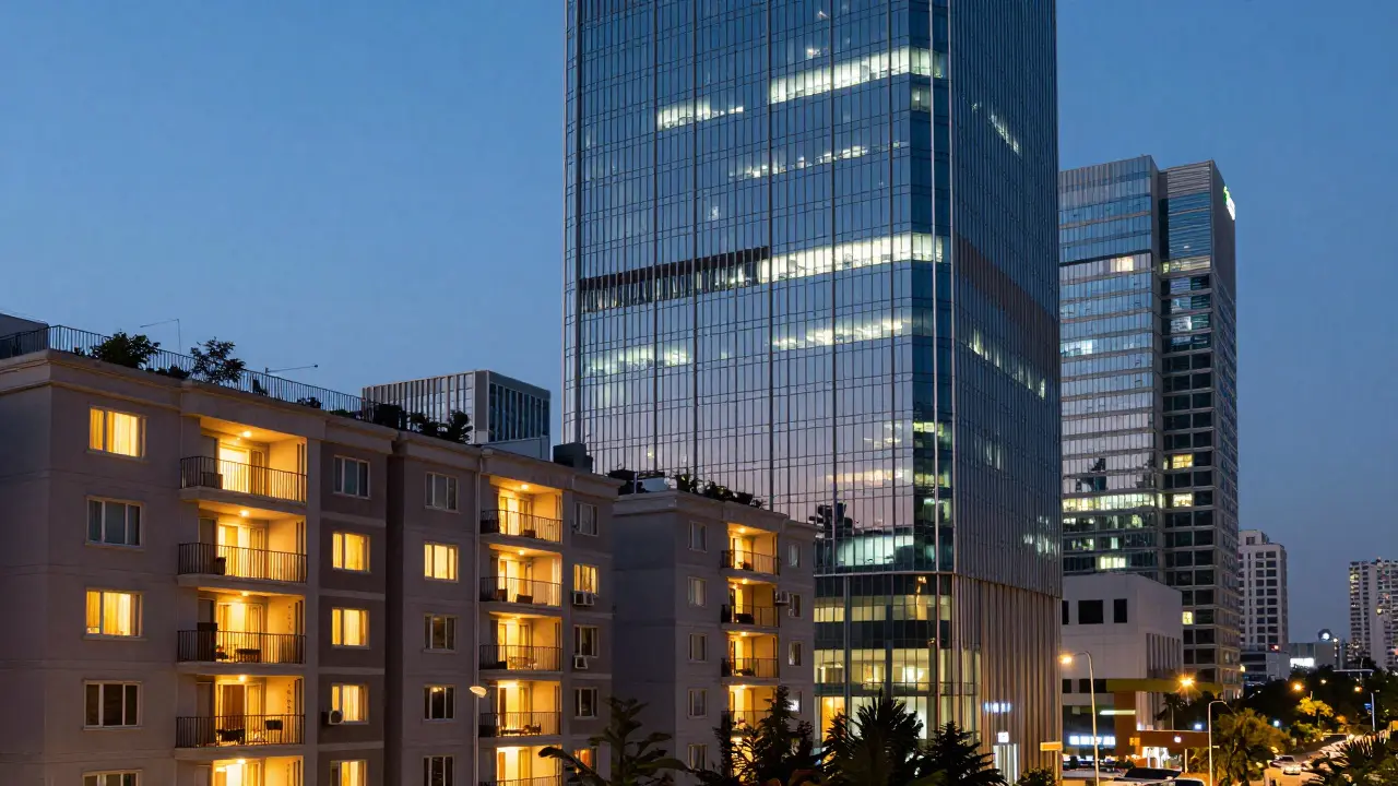 Kontrast zwischen einem Wohnhaus und einem modernen Bürohochhaus in einer Stadt bei Dämmerung.