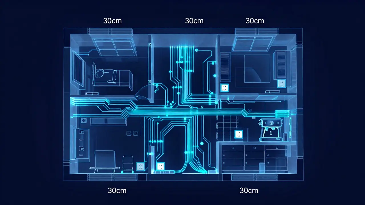 Konzeptuelle 3D-Ansicht von elektrischen Leitungsverläufen in den Wänden einer Wohnung.