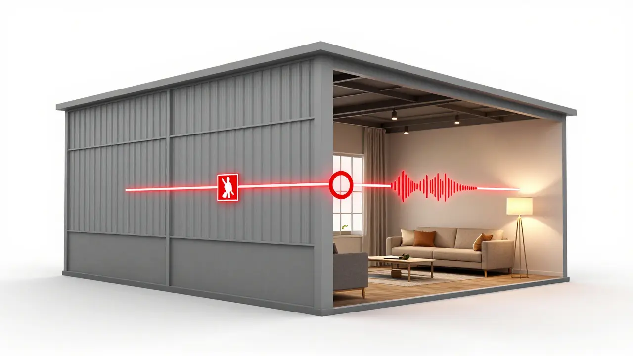 Konzeptuelle Darstellung des Übergangs von Gewerbe- zu Wohnraum mit technischen Barrieren.