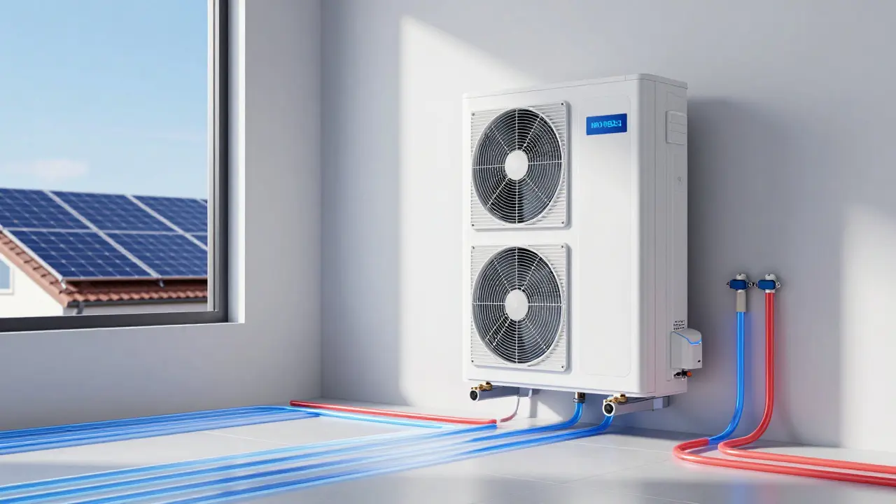 Moderne Luft-Wasser-Wärmepumpe in einem hellen Technikraum mit Solarpaneelen im Hintergrund.