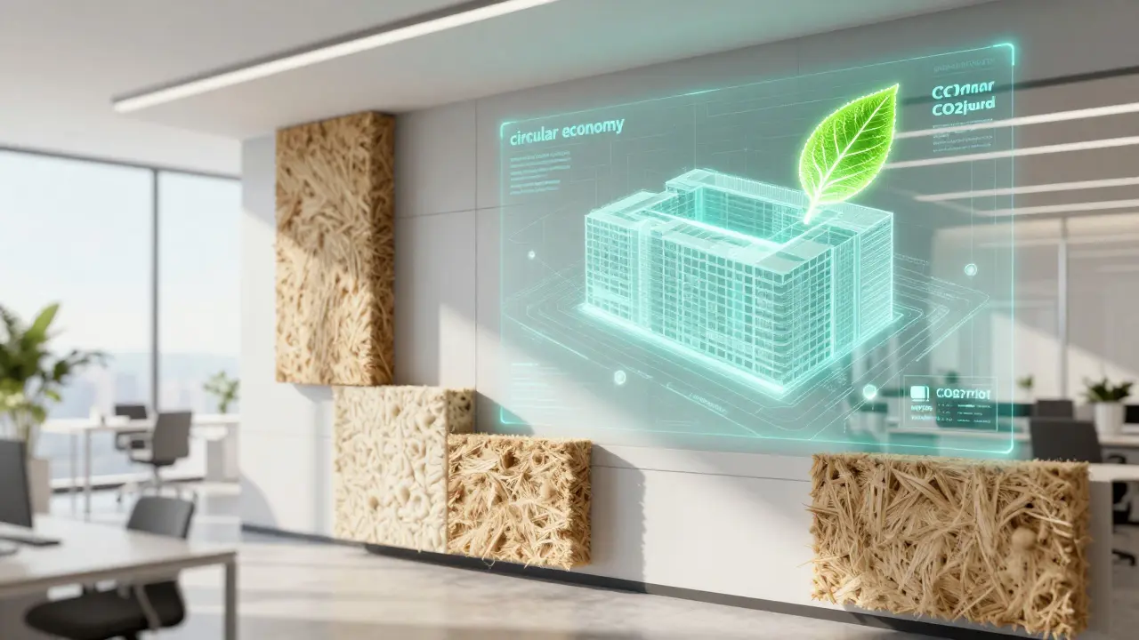 Modernes Büro mit ökologischer Hanfdämmung und einem digitalen BIM-Modell zur CO2-Analyse.