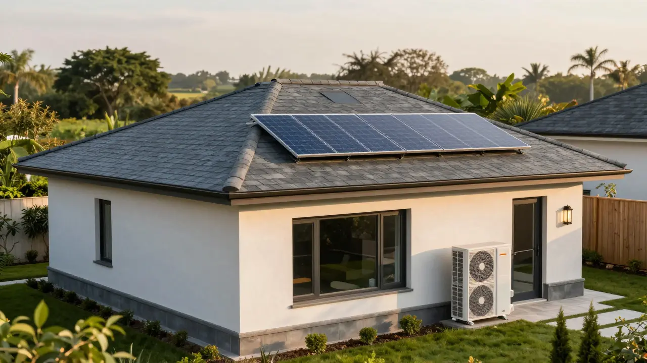 Modernes Haus mit neuen Solaranlagen und einer Wärmepumpe