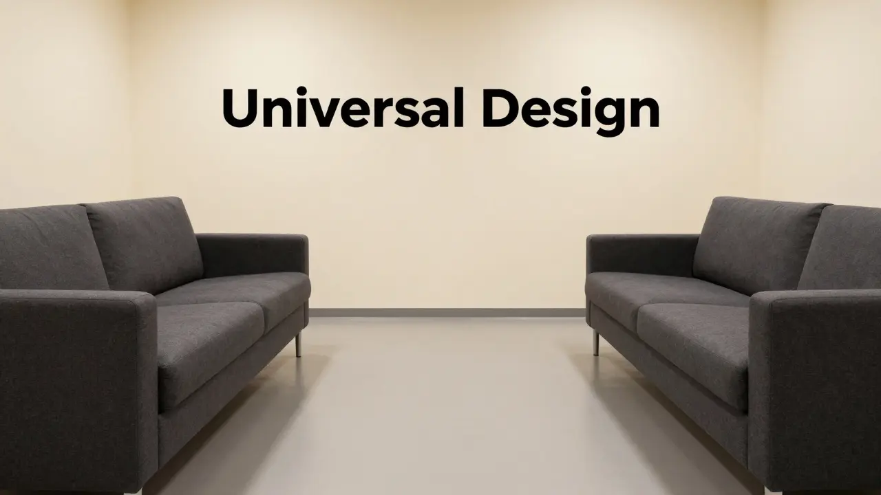 Modernes Wohnzimmer mit starken Farbkontrasten und glattem Boden für bessere Orientierung